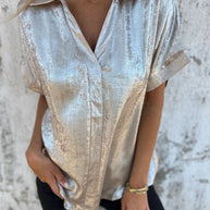 Damen Kurzarm-Seidenbluse mit elegantem Glanz und modischem Revers WW