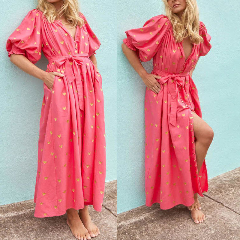 Damen Sommerkleid mit Puffärmeln und goldenen Details WW