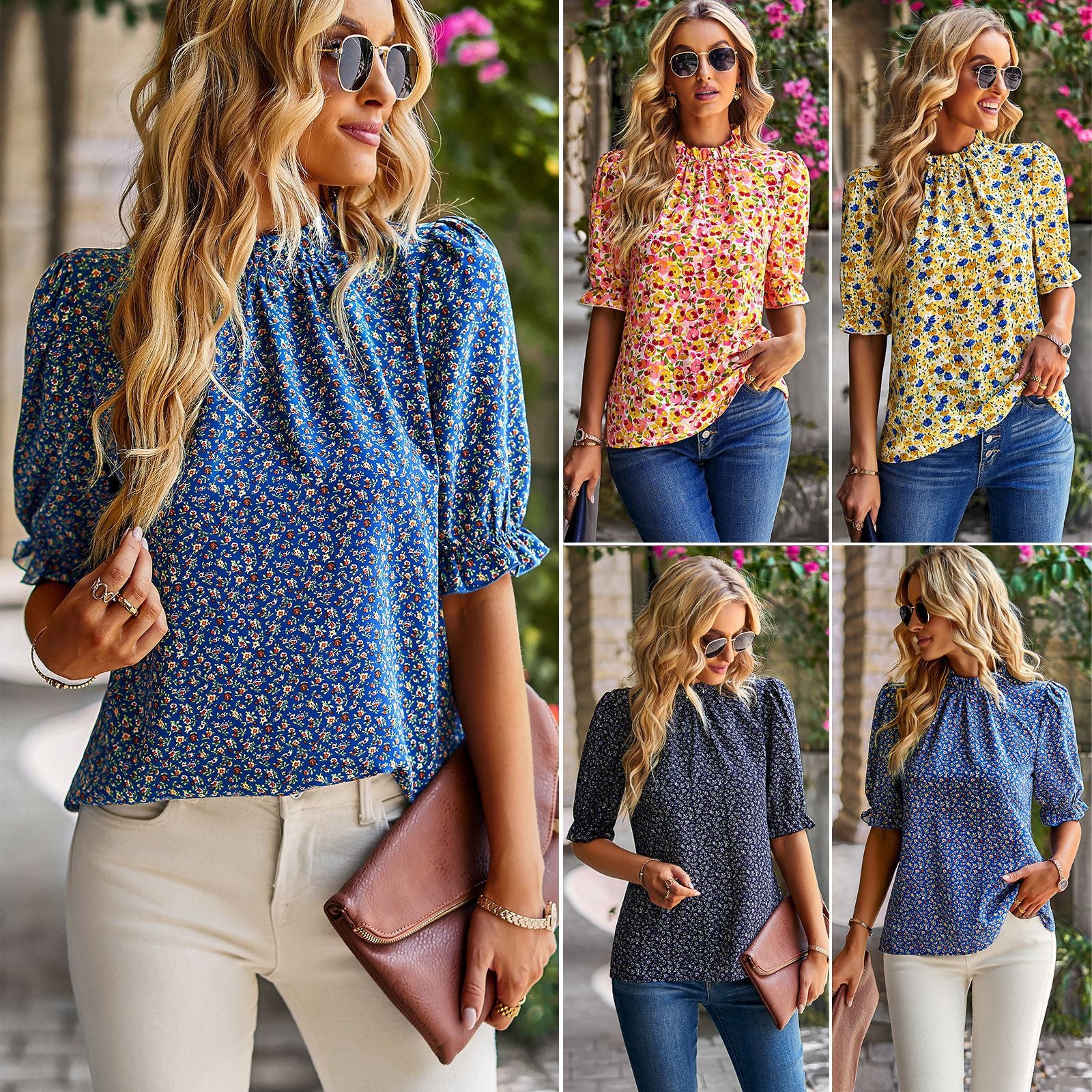 Damen Bluse mit verspieltem Blumendesign und Puffärmeln WW