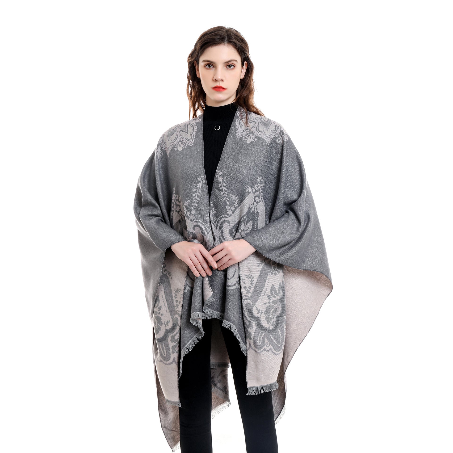 Damen Eleganter Kimono-Poncho mit kunstvollem Muster und fransigen Kanten WW