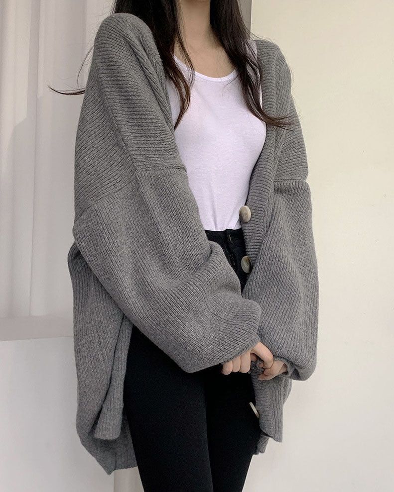 WW V-Ausschnitt einreihig lockerer Laternenärmel Strickcardigan
