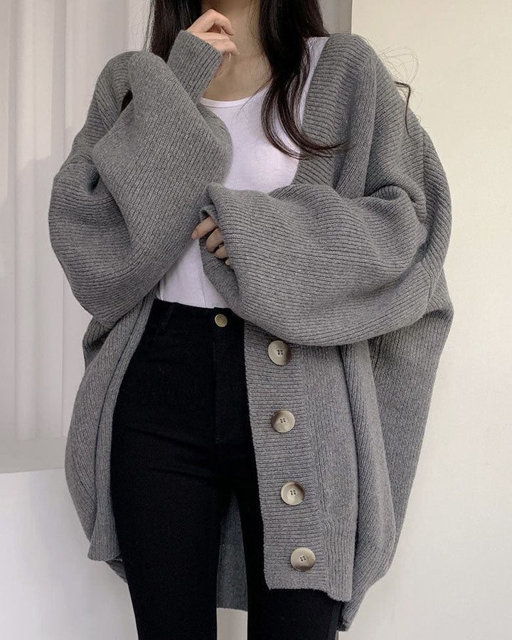W&W Mode V-Ausschnitt einreihig lockerer Laternenärmel Strickcardigan