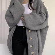 WW V-Ausschnitt einreihig lockerer Laternenärmel Strickcardigan
