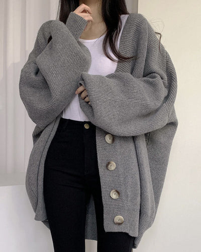 WW V-Ausschnitt einreihig lockerer Laternenärmel Strickcardigan