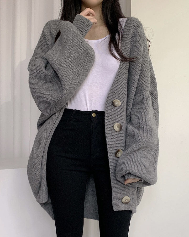 W&W Mode V-Ausschnitt einreihig lockerer Laternenärmel Strickcardigan