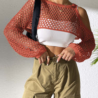 Damen lässiger Netzpullover mit offenen Schultern und weitem Schnitt WW