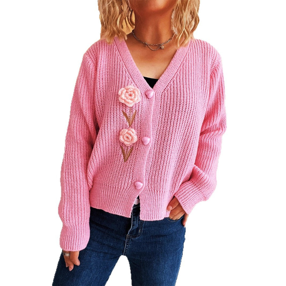 Damen Strickjacke mit verspieltem Blumenmotiv und romantischen Knopfdetails WW