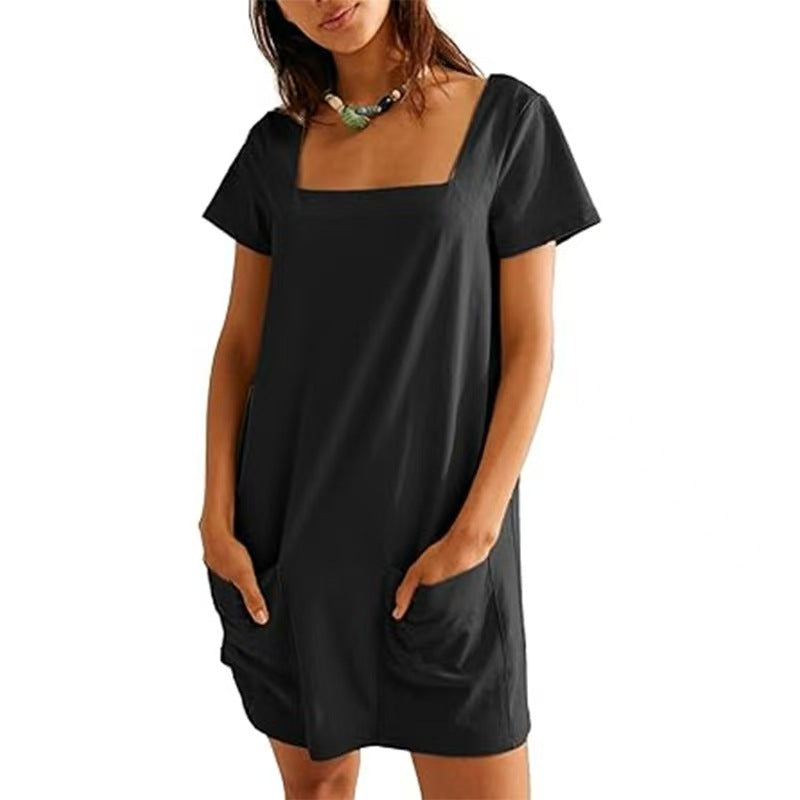 Damen lässiges Tunika-Kleid mit praktischen Taschen und Quadrat-Ausschnitt WW