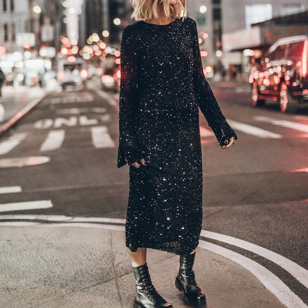 Damen Glitzerndes Midikleid mit elegantem Rundhalsausschnitt und figurschmeichelndem Schnitt WW