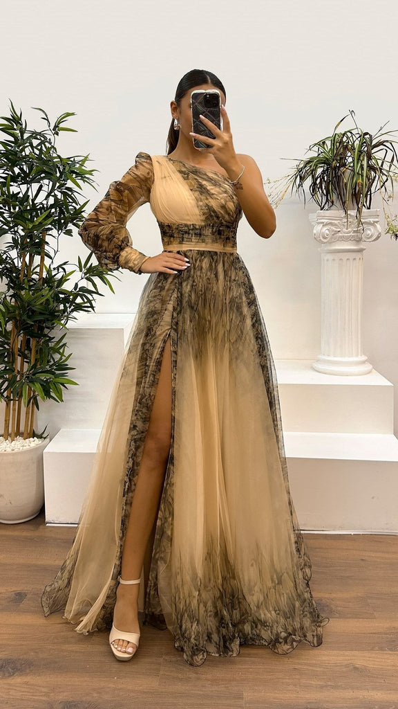 WW | Frühling Herbst Schräg Schulter Mesh Blumenmuster Kleid Lässig Locker Festlich Kleid