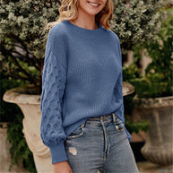 Damen Strickpullover mit strukturierten Puffärmeln und Rundhalsausschnitt WW