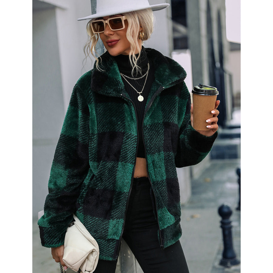 Damen Plüsch-Hoodiejacke mit trendigem Karomuster und praktischen Reißverschlusstaschen WW