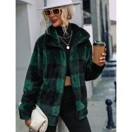 Damen Plüsch-Hoodiejacke mit trendigem Karomuster und praktischen Reißverschlusstaschen WW
