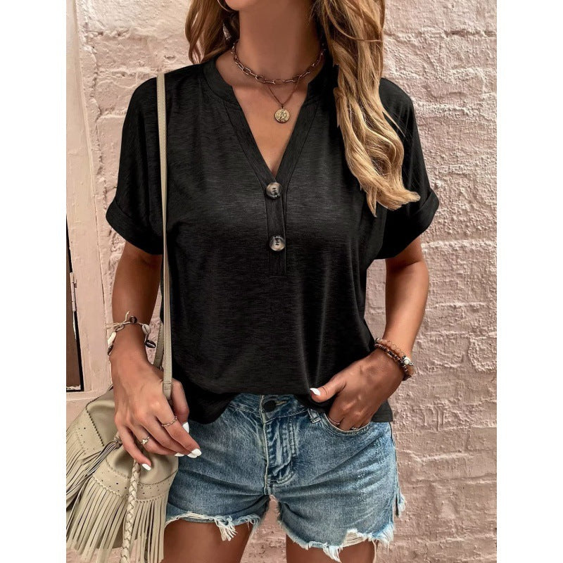 Damen lässiges V-Ausschnitt Shirt mit Knopfleiste WW