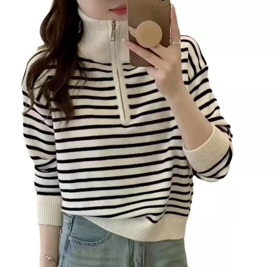 Damen Strickpullover mit kurzem Reißverschluss und modischem Streifenmuster WW