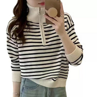 Damen Strickpullover mit kurzem Reißverschluss und modischem Streifenmuster WW