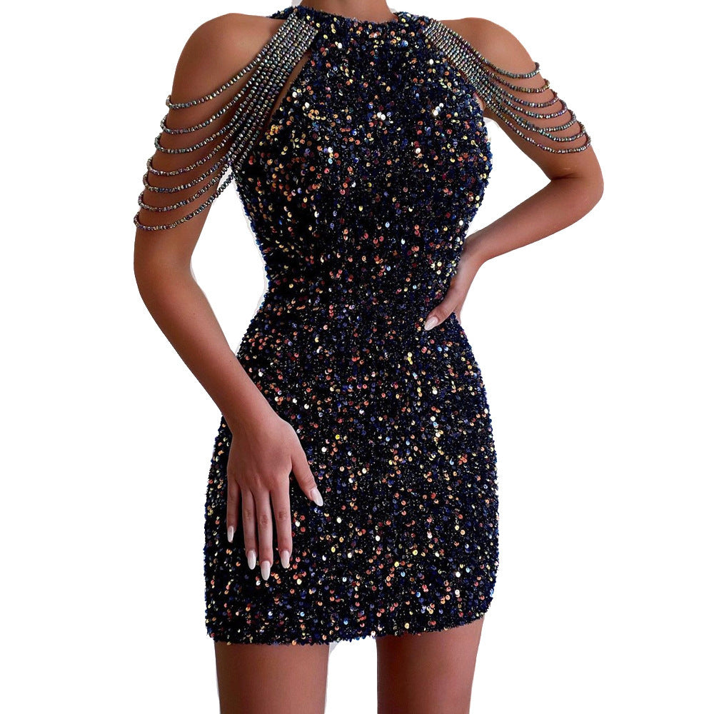 Damen Funkelndes Partykleid mit schimmernden Pailletten und eleganten Schulterdetails WW
