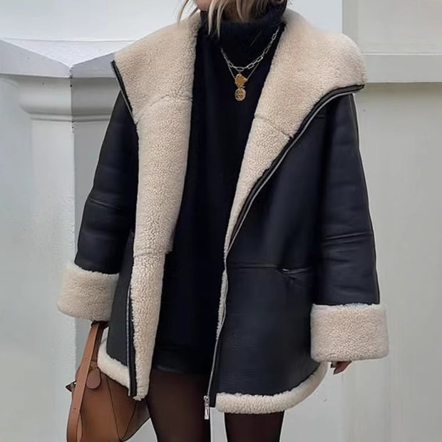 Damen angesagte Kunstlederjacke mit kuscheligem Innenfutter WW