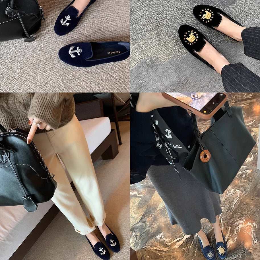 Damen bestickte Samt Slipper WW