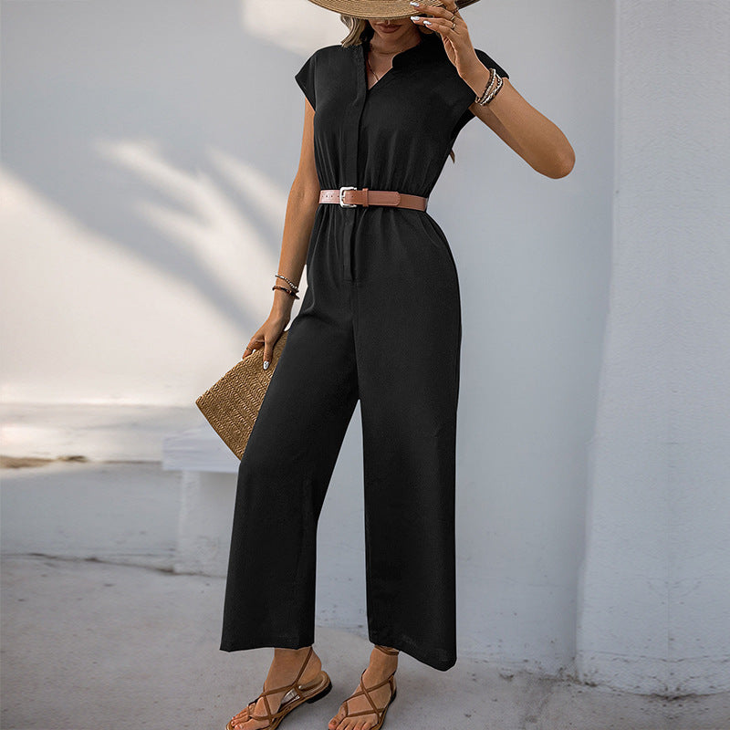 Damen Jumpsuit mit elegantem Taillengürtel und modernem V-Ausschnitt WW
