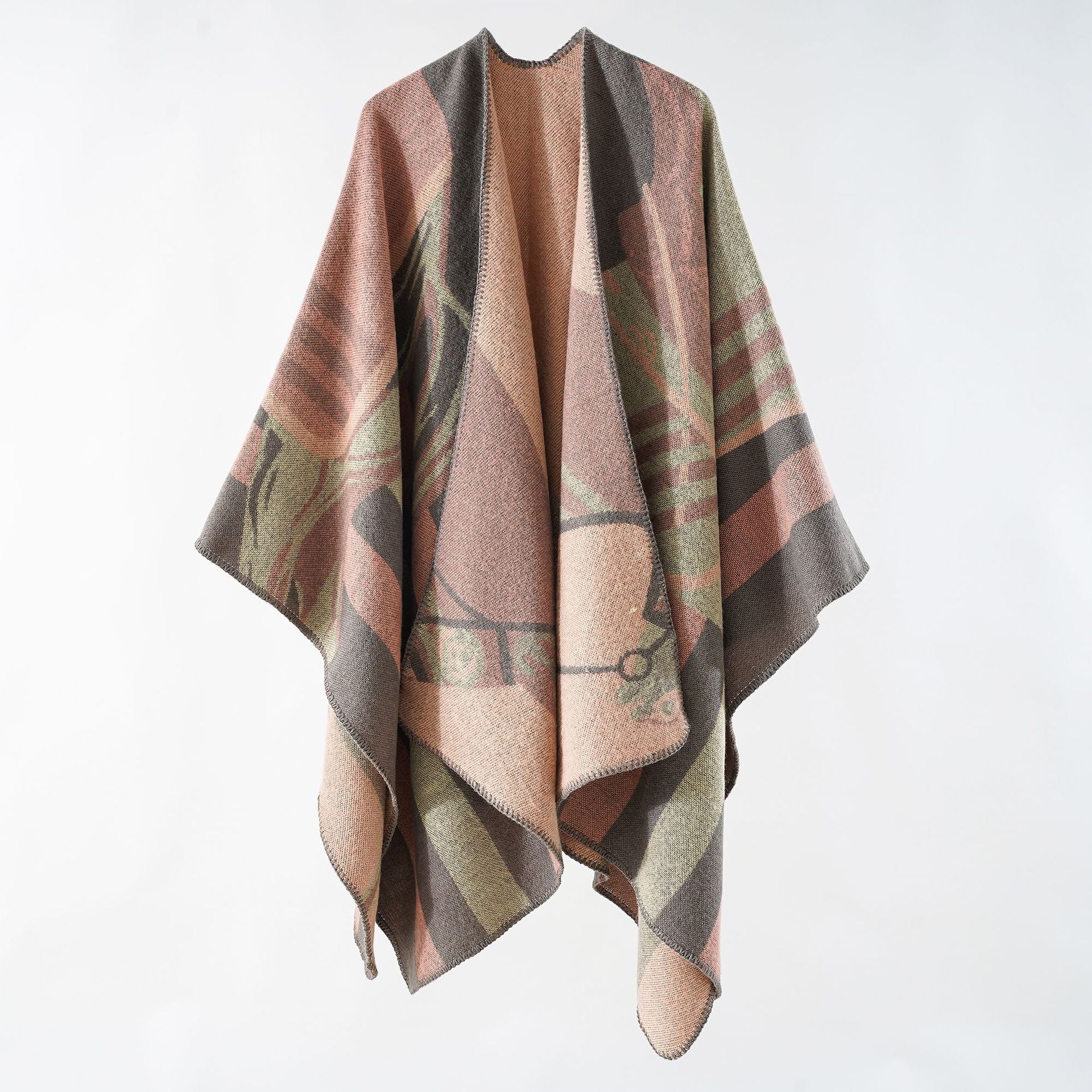 Damen eleganter Strickponcho mit kunstvollem Muster und feinen Fransen WW