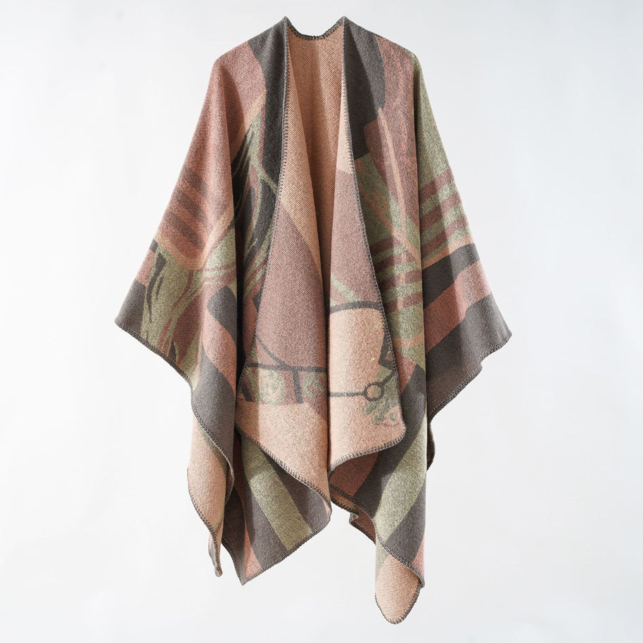 Damen eleganter Strickponcho mit kunstvollem Muster und feinen Fransen WW