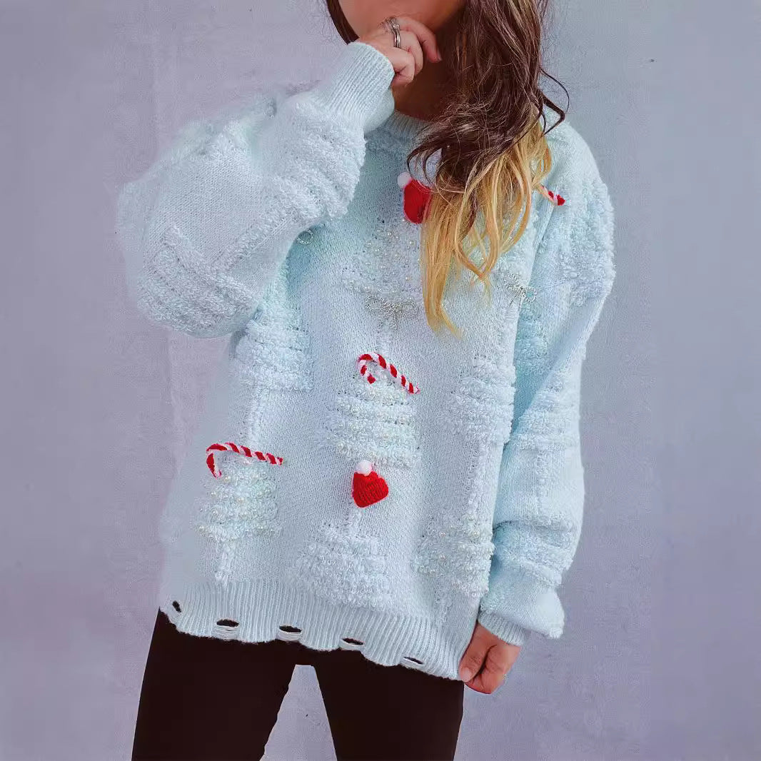 Damen festlicher Pullover mit kreativen Weihnachtsmotiven und strukturiertem Design WW