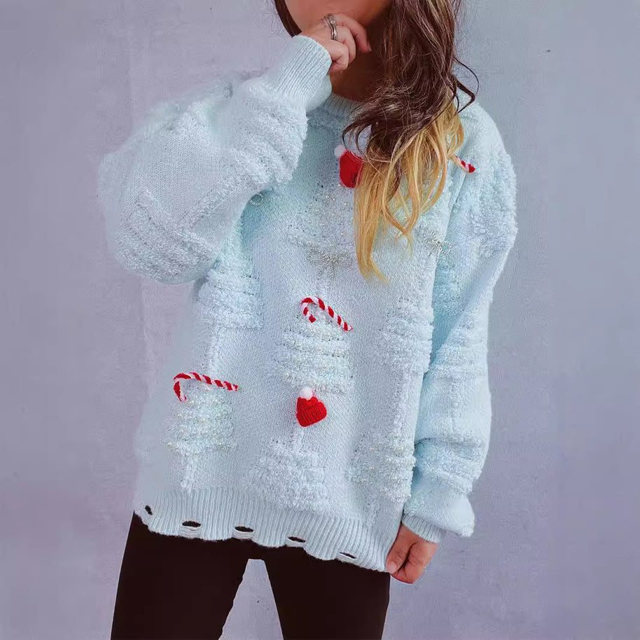 Damen festlicher Pullover mit kreativen Weihnachtsmotiven und strukturiertem Design WW