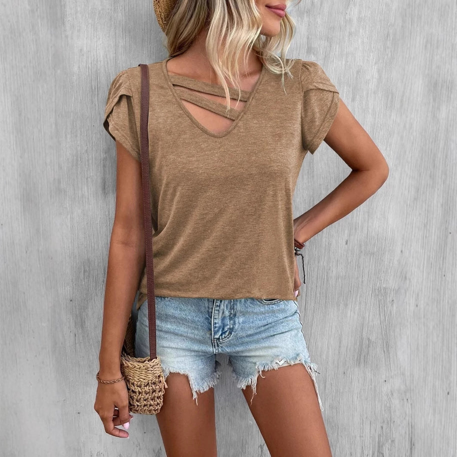 Damen lässiges Kurzarm T-Shirt mit einzigartigem Kreuz-Ausschnitt WW