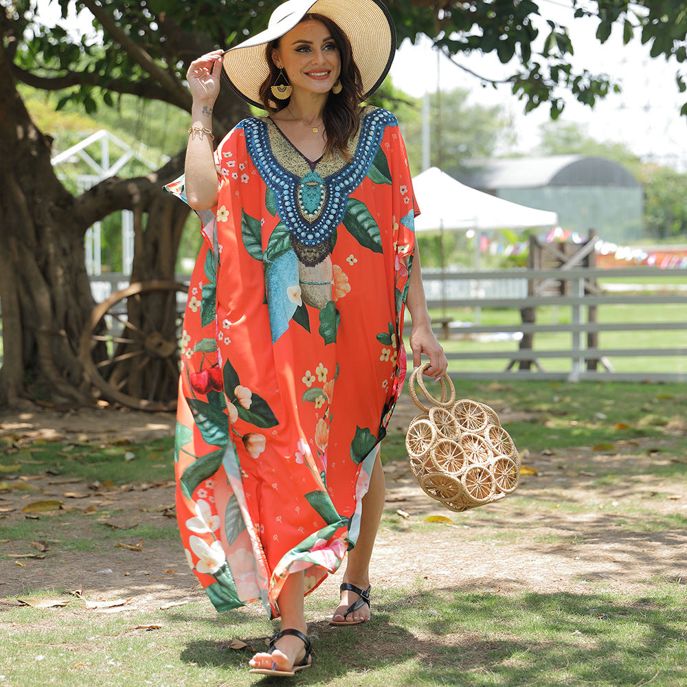 Damen Strandkaftan mit kunstvollem Blumenmuster und dekorativer Perlenverzierung W&W Mode