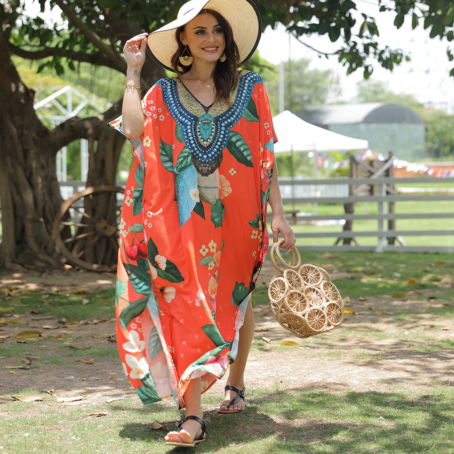 Damen Strandkaftan mit kunstvollem Blumenmuster und dekorativer Perlenverzierung WW