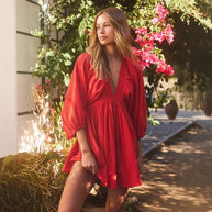 Damen Sommerliches Minikleid mit Puffärmeln und V-Ausschnitt WW