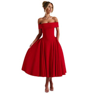 Damen elegantes Abendkleid mit schulterfreiem Design und voluminösem Rock WW