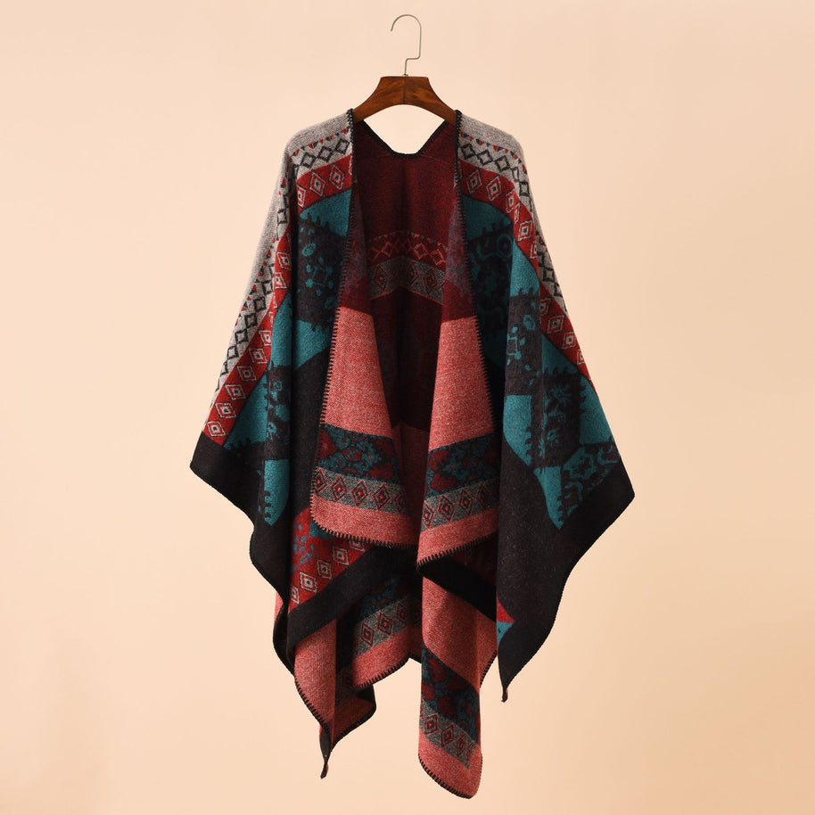 Damen Modischer Poncho mit kunstvollem Muster und fransigen Kanten WW