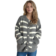 Damen Strickjacke mit dekorativen Knopfdetails und modischem Streifenmuster WW