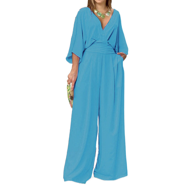 Damen Eleganter Jumpsuit mit weitem Bein und Wickeloberteil W&W Mode