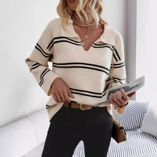 Damen Strickpullover mit V-Ausschnitt und Streifenmuster WW