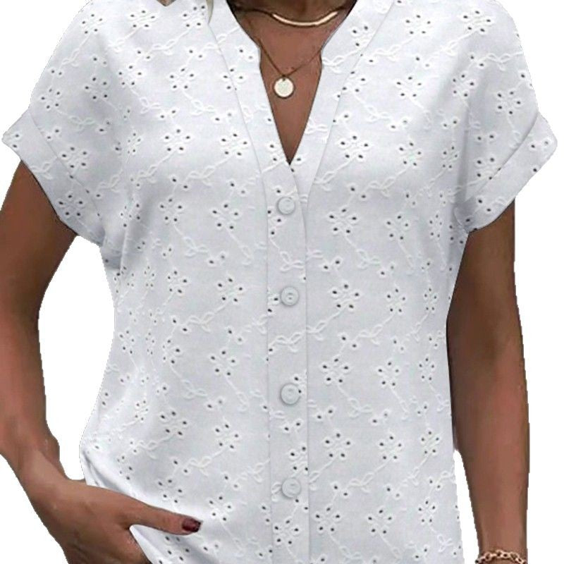 Damen luftige Bluse mit floralen Lochstickereien und durchgehender Knopfleiste WW