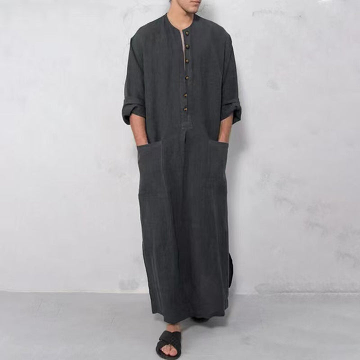 Herren nan weites langes Tunika-Kaftan aus atmungsaktivem Leinen mit Stehkragen Knopfblende und aufgesetzten Taschen W&W Mode
