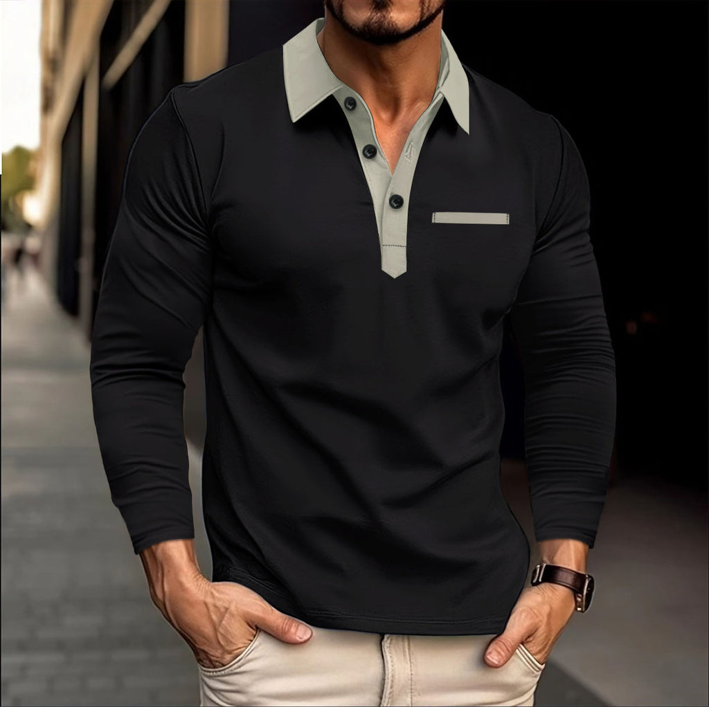 Herren Langarm Poloshirt mit modischen Kontrasten und Brusttasche WW