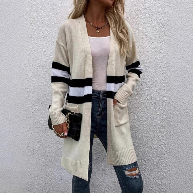 Damen Strickcardigan mit modischem Streifendesign und offenen Vorderteilen WW