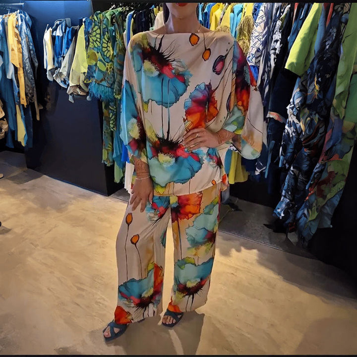 Damen Zweiteiler mit künstlerischem Print und weiten Ärmeln W&W Mode