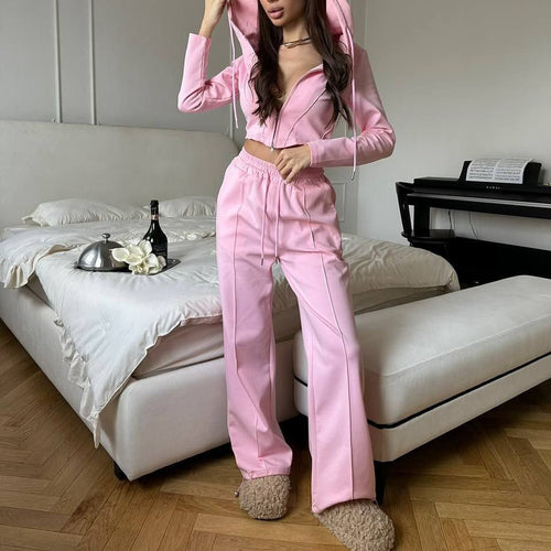 Damen sportliches Zweiteiler-Set mit hochgeschlossener Kapuzenjacke und weitem Hosen WW