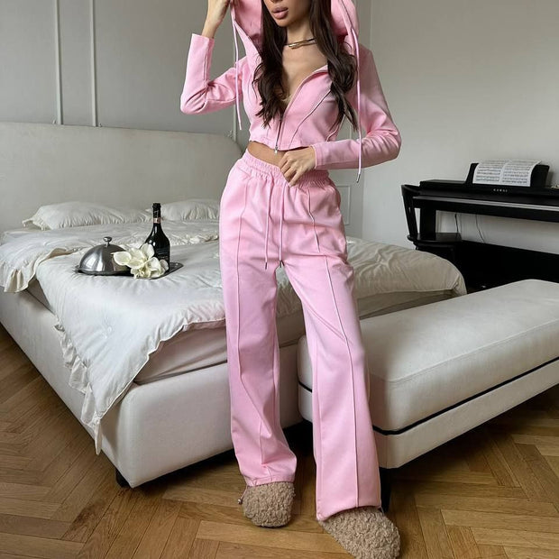 Damen sportliches Zweiteiler-Set mit hochgeschlossener Kapuzenjacke und weitem Hosen WW