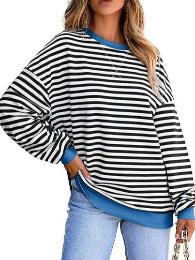 Damen gestreifter Sweatshirt mit modernem Schnitt und Kontrastdetails W&W Mode