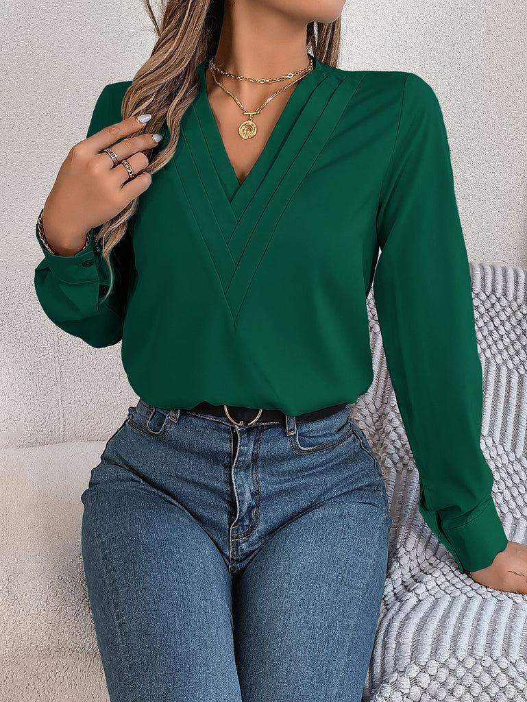 WW | Elegante Plissee Bluse Mit V-ausschnitt Für Damen