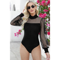 Damen Bodysuit mit transparenten Ärmeln und geripptem Design WW