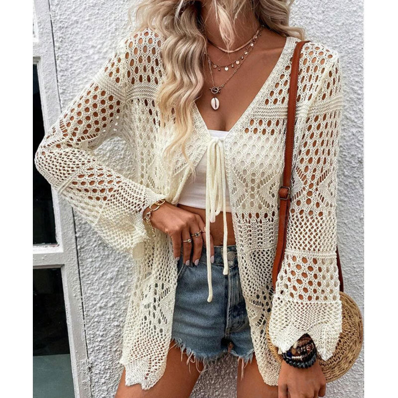 Damen Strick-Cardigan mit offenen Maschen und Binde-Detail WW