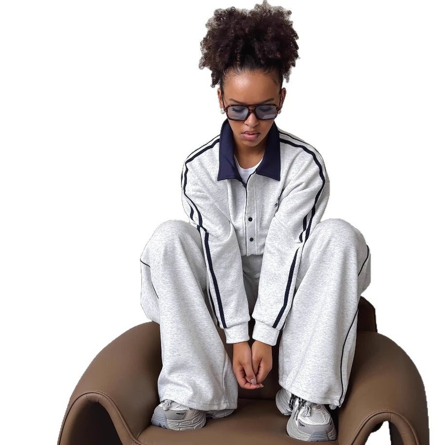 Damen sportlicher Freizeitanzug mit modischem Kragen und weiten Beinen WW