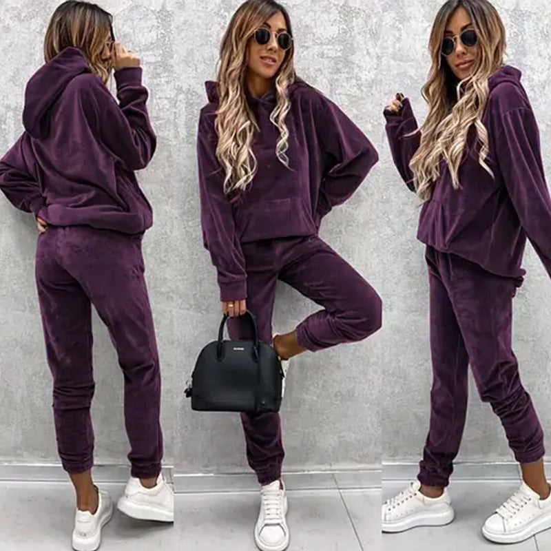 Damen sportliches Velours-Loungewear-Set mit Kapuze und elastischem Bund WW